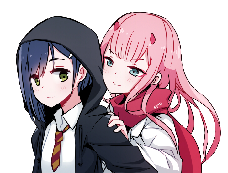 2girls artist_name black_hoodie blue_eyes blue_hair collared_shirt darling_in_the_franxx drawstring green_eyes hair_ornament hairclip hand_on_another's_shoulder hood hood_up horns ichigo_(darling_in_the_franxx) long_hair long_sleeves multiple_girls necktie no_hairband pink_hair quiss red_scarf scarf shirt short_hair simple_background striped_neckwear tareme tsurime upper_body white_background white_coat white_shirt wing_collar zero_two_(darling_in_the_franxx)