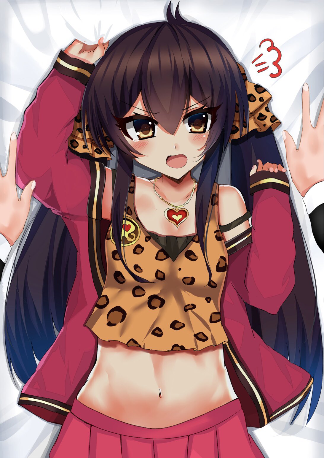 1boy 1girl angry animal_print bangs bare_shoulders bed bed_sheet black_hair blush breasts cleavage collarbone embarrassed eyebrows_visible_through_hair hair_between_eyes hair_ribbon heart heart_necklace highres idolmaster idolmaster_cinderella_girls jacket jewelry leopard_print long_hair long_sleeves looking_at_viewer lying matoba_risa midriff miniskirt navel necklace off_shoulder open_mouth pink_jacket pink_skirt pov pov_hands ribbon risaiziz sheet_grab sidelocks skirt small_breasts strap_slip tearing_up tsurime twintails very_long_hair yellow_eyes