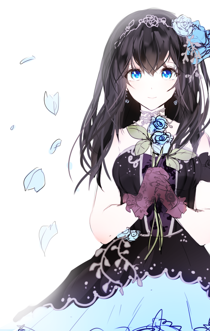 1girl annlin bare_shoulders black_hair blue_eyes blue_flower blue_rose commentary_request dress flower hair_flower hair_ornament idolmaster idolmaster_cinderella_girls idolmaster_cinderella_girls_starlight_stage light_blush light_smile long_hair petals rose sagisawa_fumika solo strapless strapless_dress