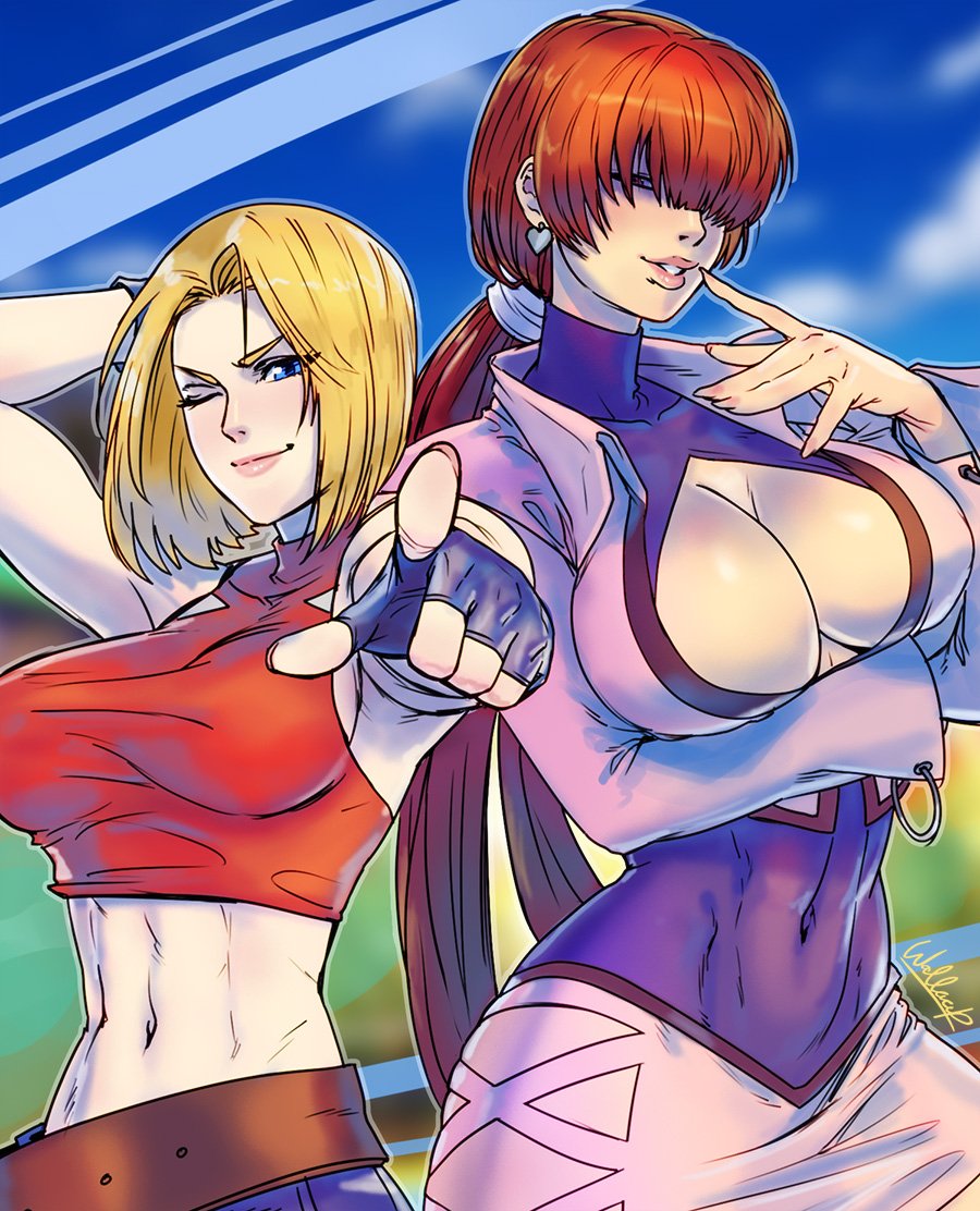 2girls abs blonde_hair blue_mary breasts cleavage eyes_visible_through_hair hair_over_eyes long_hair multiple_girls nail_polish redhead shermie skin_tight skirt sports_bra the_king_of_fighters wallace_pires