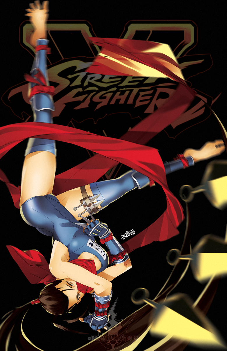 1girl alternate_costume arm_guards barefoot breasts brown_eyes cleavage copyright_name feet fingerless_gloves gloves highres ibuki_(street_fighter) kunai logo looking_at_viewer metalhanzo midair motion_blur ponytail scarf school_swimsuit shin_guards solo street_fighter street_fighter_v swimsuit thigh-highs thigh_strap upside-down weapon