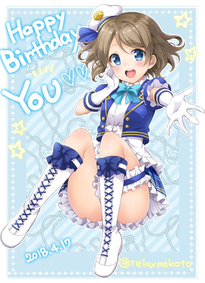 1girl :d anchor_symbol blue_bow blue_eyes blue_neckwear boots bow bowtie brown_hair character_name cropped_jacket cross-laced_footwear dated diagonal-striped_background diagonal_stripes elbow_gloves frilled frilled_shirt_collar frills gloves grey_hair happy_birthday hat heart knee_boots leg_garter looking_at_viewer love_live! love_live!_sunshine!! open_mouth outstretched_hand peaked_cap rope sakurai_makoto_(custom_size) short_hair short_sleeves smile solo star striped striped_background twitter_username watanabe_you white_footwear white_gloves
