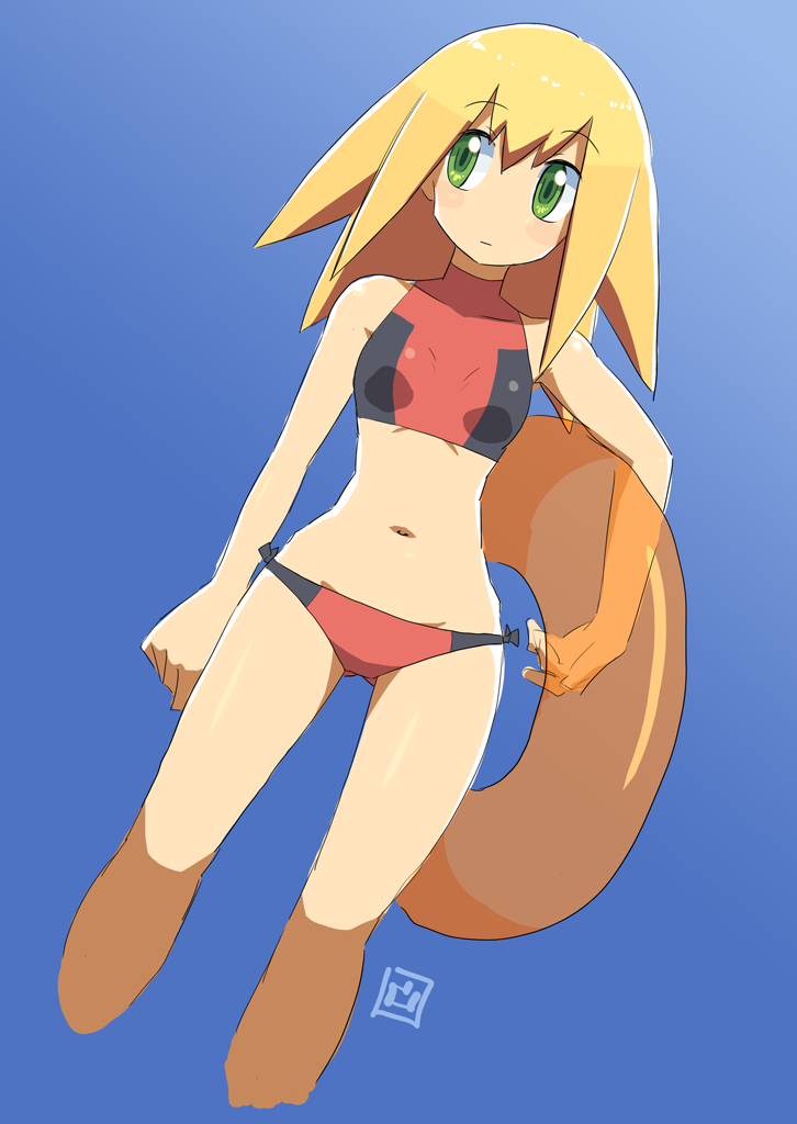 1girl bangs bare_arms bare_legs bare_shoulders bikini blonde_hair blue_background blush breasts capcom eyebrows_visible_through_hair green_eyes innertube legs_apart looking_to_the_side midriff muu_(mumumer) navel rockman rockman_dash roll_caskett simple_background small_breasts solo standing swimsuit