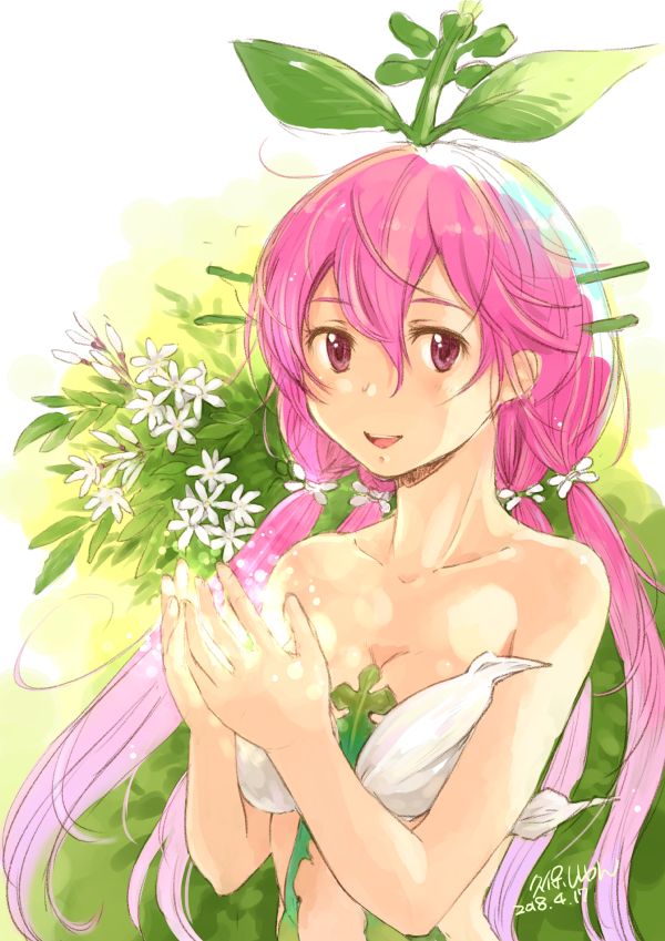 1girl :d bangs bare_shoulders blush breasts cleavage commentary_request dated eyebrows_visible_through_hair flower granblue_fantasy hair_between_eyes hair_flower hair_ornament leaf long_hair looking_at_viewer low_twintails medium_breasts open_mouth pink_eyes pink_hair plant_girl revealing_clothes shiun signature smile solo twintails upper_teeth very_long_hair white_flower yggdrasil_(granblue_fantasy)