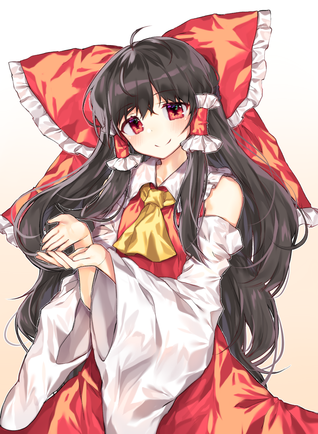 1girl ahoge ascot bare_shoulders black_hair blush bow cheunes cupping_hands detached_sleeves dress hair_bow hair_ribbon hair_tubes hakurei_reimu head_tilt highres huge_bow large_ribbon long_hair looking_at_viewer red_eyes ribbon smile touhou very_long_hair yellow_neckwear