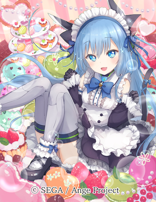 1girl :d ange_vierge animal_ears black_footwear blue_bow blue_eyes blue_hair bow candy cat_ears cat_tail chocolate_bar dessert food fruit gloves grey_legwear hands_up ice_cream long_hair looking_at_viewer macaron maid official_art omega_47_toto open_mouth plate shamonor smile solo strawberry striped striped_background sweets tail thigh-highs watermark
