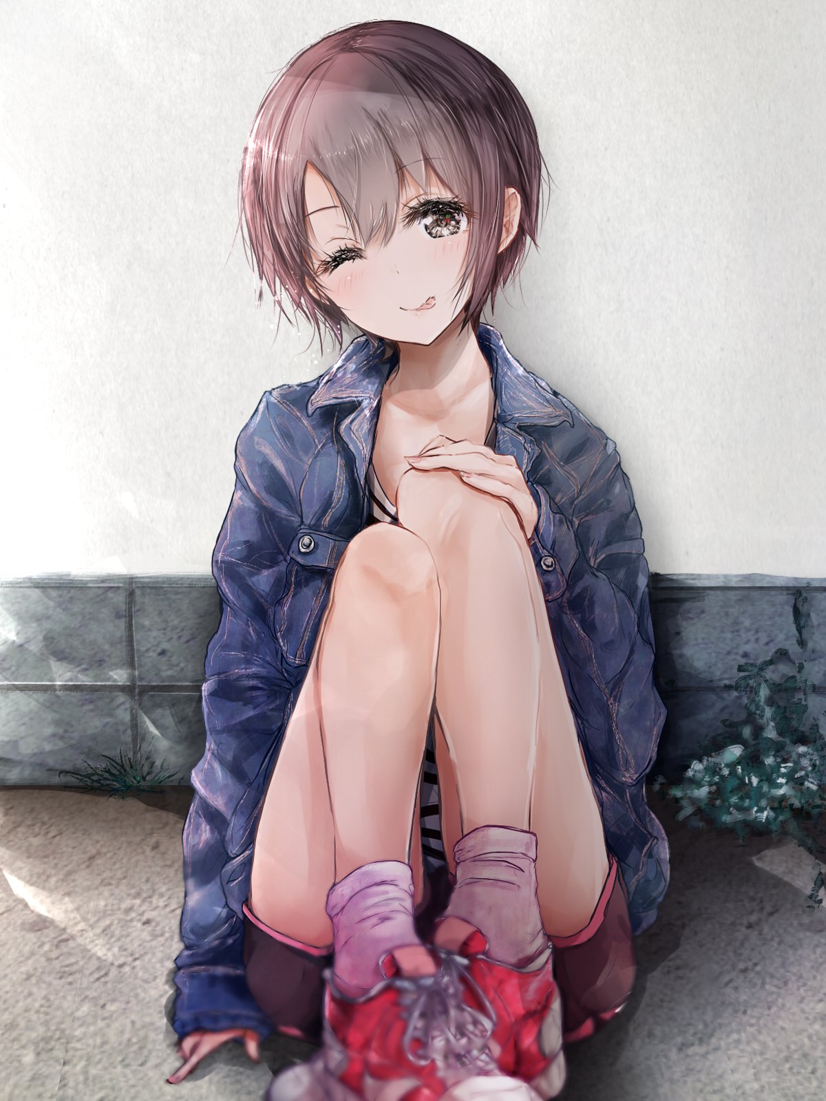 1girl ;p denim denim_jacket grey_hair highres idolmaster idolmaster_cinderella_girls jacket looking_at_viewer one_eye_closed otokura_yuuki pink_legwear redeye_(artist) shirt shoes short_hair shorts sitting sneakers solo striped striped_shirt tongue tongue_out