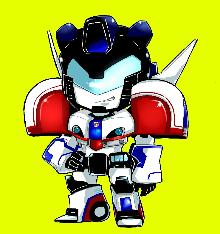 1boy autobot blue_eyes full_body insignia jazz_(transformers) looking_at_viewer no_humans simple_background smile solo standing transformers tynkingyo4792 yellow_background