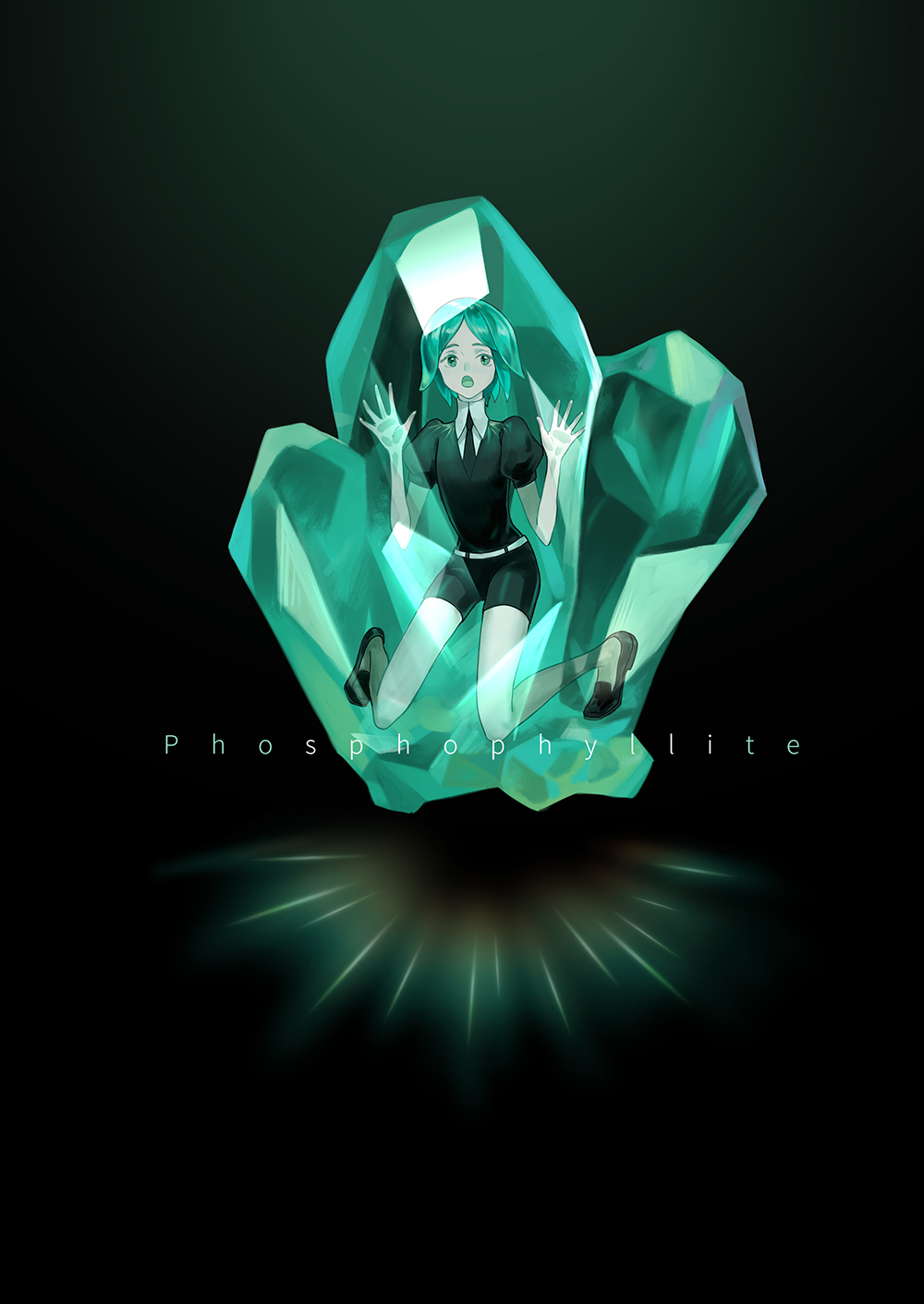 1other androgynous character_name crystal dark_background fatlulu_(1008) gem gem_uniform_(houseki_no_kuni) green_eyes green_hair highres houseki_no_kuni phosphophyllite short_hair solo