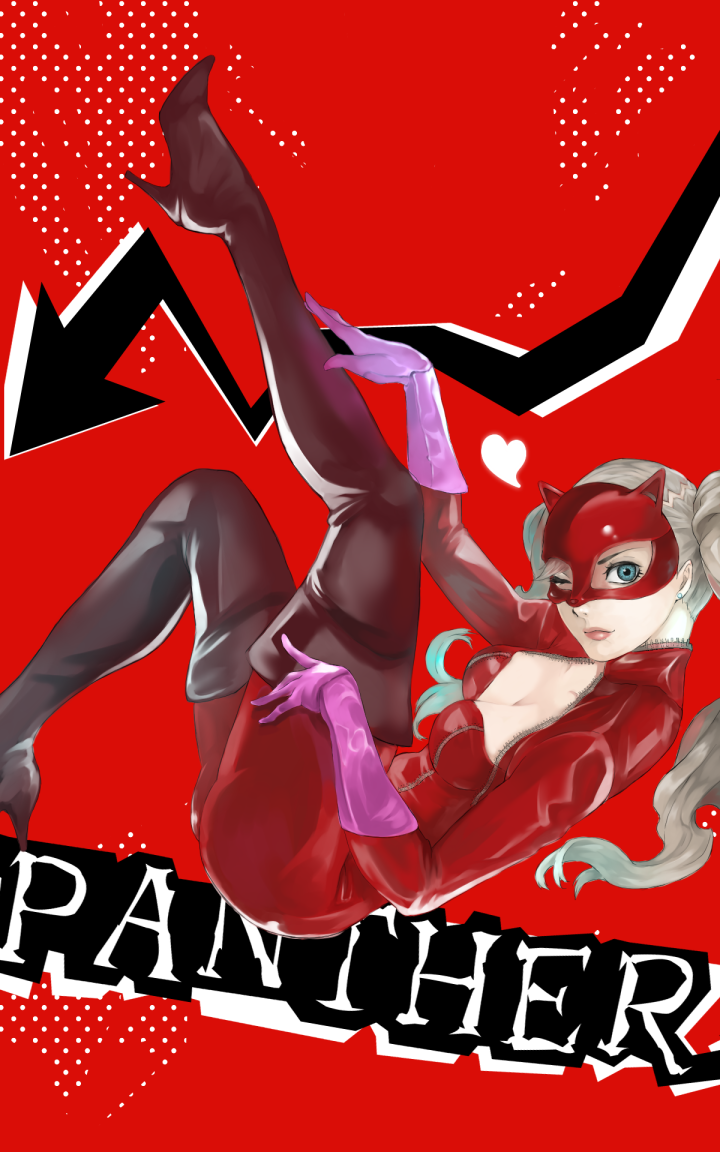 1girl blonde_hair blue_eyes bodysuit boots breasts cleavage earrings gloves heart high_heel_boots jewelry looking_at_viewer mask medium_breasts one_eye_closed persona persona_5 red_bodysuit solo takamaki_anne thigh-highs thigh_boots twintails zipper