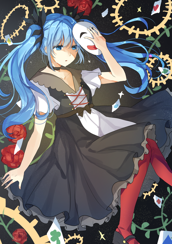 1girl black_footwear black_ribbon blue_eyes blue_hair choker collarbone dress eyebrows_visible_through_hair floating_hair flower hair_between_eyes hair_ribbon hatsune_miku holding holding_mask hoshi_lingdang long_hair mask parted_lips red_flower red_legwear ribbon solo twintails vocaloid