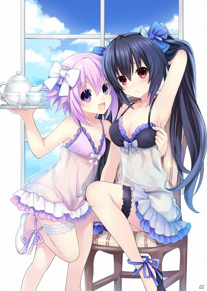 2girls :d arm_behind_head armpits babydoll bare_shoulders bikini black_hair blue_bow blush bow breasts cleavage cup frown hair_bow holding holding_tray long_hair looking_at_viewer medium_breasts multiple_girls neptune_(choujigen_game_neptune) neptune_(series) noire official_art open_mouth purple_hair red_eyes see-through short_hair sitting smile spaghetti_strap standing standing_on_one_leg teacup teapot thigh_strap tray tsunako twintails very_long_hair violet_eyes white_bow