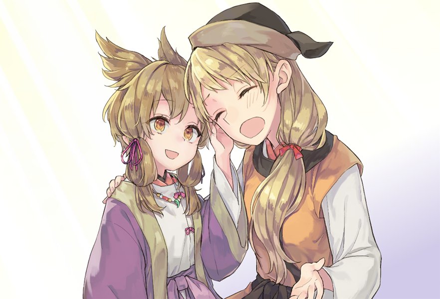 2girls adapted_costume akidzuki_haruhi black_hat blonde_hair blue_background closed_eyes commentary_request eyebrows_visible_through_hair gradient gradient_background hair_over_shoulder hair_ribbon hand_on_another's_shoulder hand_up hat japanese_clothes jewelry long_hair long_sleeves magatama matara_okina multiple_girls necklace open_mouth pink_ribbon pointy_hair ponytail red_ribbon ribbon robe sash smile touhou toyosatomimi_no_miko tress_ribbon wide_sleeves yellow_eyes