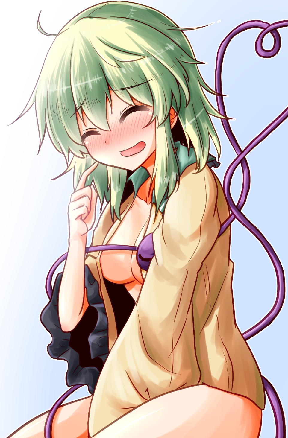 1girl ahoge blush bottomless breasts closed_eyes eyeball green_hair heart heart_of_string highres komeiji_koishi medium_breasts open_clothes open_mouth open_shirt oshiaki short_hair solo third_eye touhou