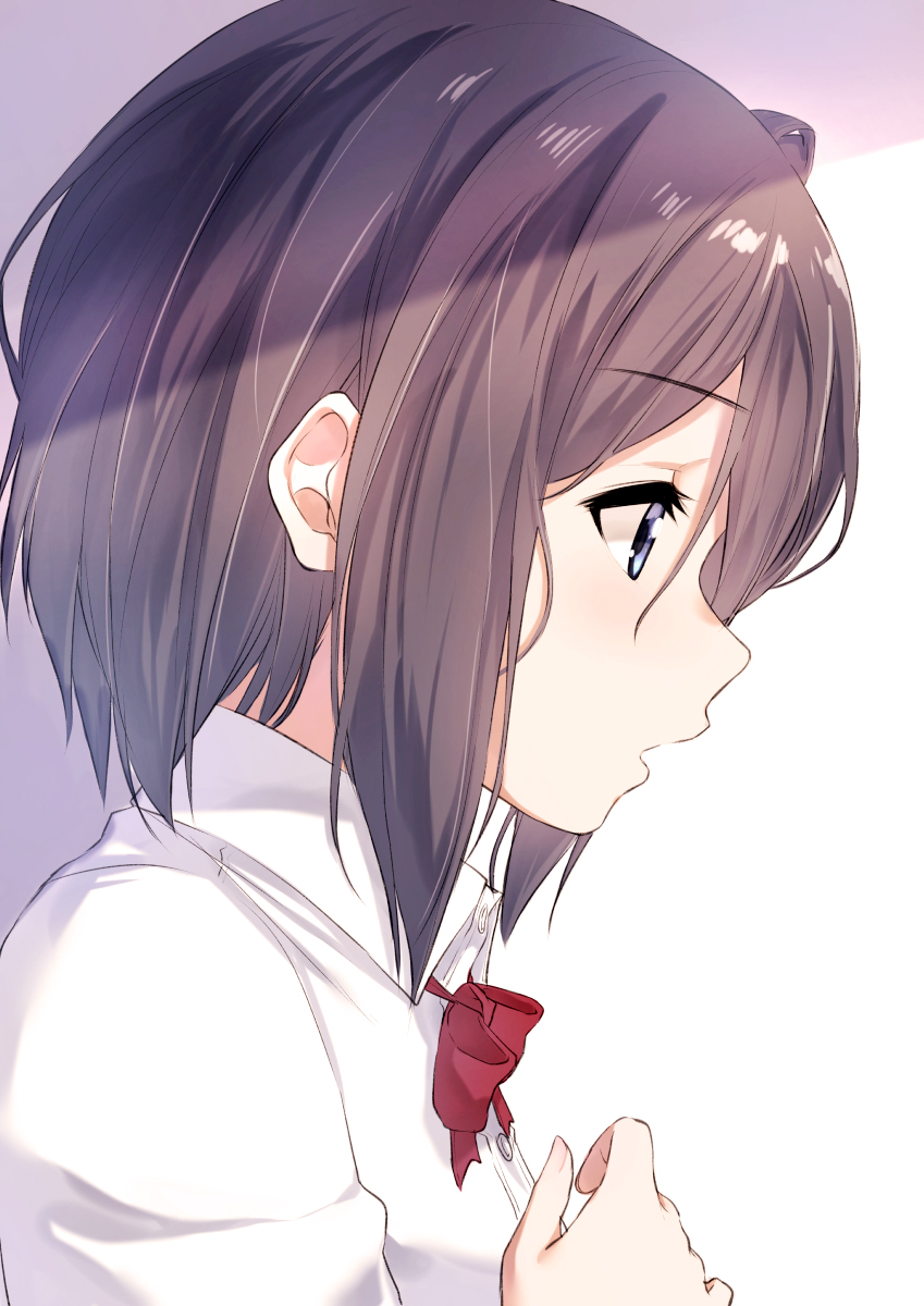 1girl bangs brown_hair commentary_request ears_visible_through_hair eyebrows_visible_through_hair from_side hair_between_eyes highres looking_away open_mouth original profile shirt short_hair solo suzunari_shizuku white_background white_shirt yuki_arare