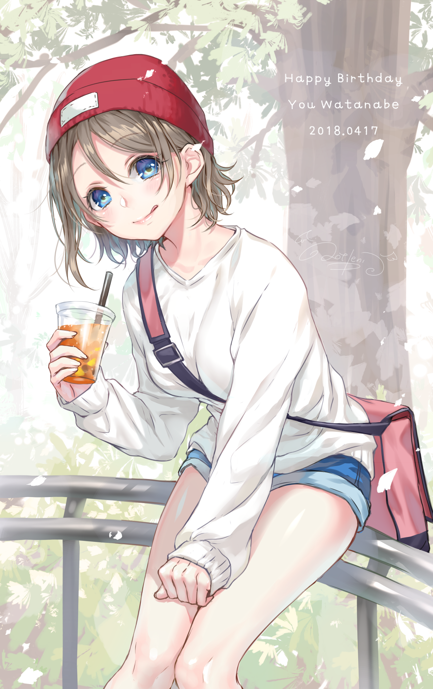 1girl ao+beni bag beanie blue_eyes character_name clenched_hand cup dated denim denim_shorts disposable_cup drinking_straw grey_hair hair_between_eyes hand_on_legs happy_birthday hat highres holding holding_cup legs_together licking_lips long_sleeves looking_at_viewer love_live! love_live!_sunshine!! railing red_hat shirt short_hair short_shorts shorts shoulder_bag sitting solo tongue tongue_out tree watanabe_you white_shirt