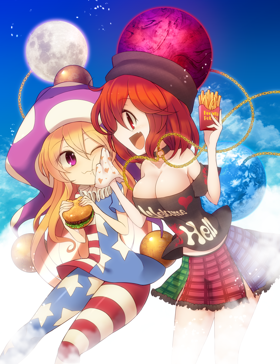 2girls american_flag_dress american_flag_legwear bare_shoulders black_shirt blonde_hair blue_sky breasts chains cleavage clouds clownpiece collar dress earth_(ornament) eating fang food food_on_face french_fries hair_between_eyes hamburger hat heart heart_print hecatia_lapislazuli highres holding holding_food jester_cap kuresento large_breasts miniskirt moon_(ornament) multicolored multicolored_clothes multicolored_skirt multiple_girls neck_ruff off-shoulder_shirt one_eye_closed open_mouth pantyhose polka_dot polos_crown purple_hat red_eyes redhead shirt short_dress skirt sky smile star star_print striped t-shirt touhou towel violet_eyes