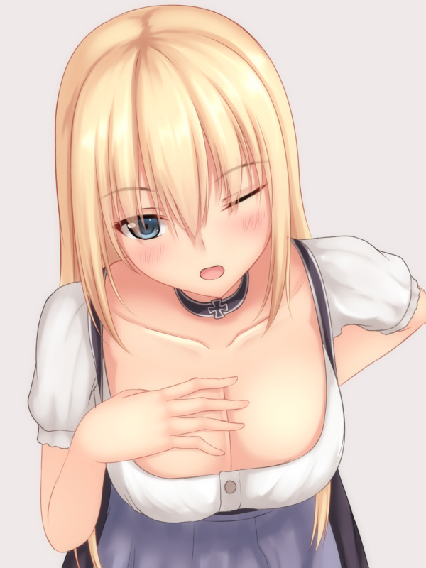 1girl bismarck_(kantai_collection) blonde_hair blue_eyes blush breasts choker cleavage german_clothes hand_on_own_chest iron_cross kantai_collection large_breasts long_hair looking_at_viewer one_eye_closed open_mouth solo tapisuke