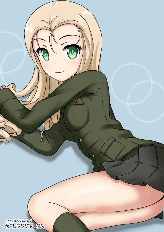 1girl alternate_costume arm_support black_legwear black_skirt blonde_hair blue_background breasts circle closed_mouth commentary dated drill_hair emblem flipper girls_und_panzer green_eyes green_jacket jacket legs long_hair long_sleeves looking_at_viewer lying marie_(girls_und_panzer) miniskirt on_side pleated_skirt pravda_school_uniform school_uniform skirt small_breasts smile socks solo twitter_username