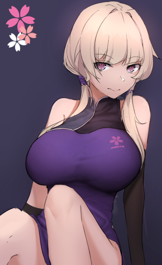 1girl blonde_hair breasts china_dress chinese_clothes cleavage dress elbow_gloves flower_in_eye gloves large_breasts long_hair looking_at_viewer original purple_dress symbol_in_eye twintails xiu_jiayihuizi