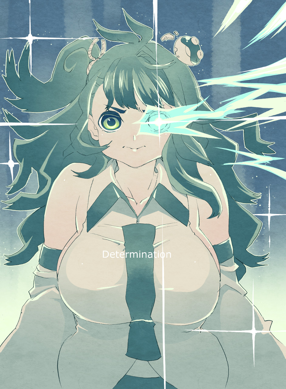 1girl 3: antenna_hair bangs bare_shoulders breasts closed_mouth collarbone collared_shirt detached_sleeves facing_viewer frog_hair_ornament glowing glowing_eye green_eyes green_hair hair_ornament hair_tie highres kochiya_sanae large_breasts long_hair long_sleeves looking_at_viewer nontraditional_miko one_side_up shirt sideboob sleeveless sleeveless_shirt solo text touhou tsuutenkaaku v-shaped_eyebrows white_shirt wide_sleeves