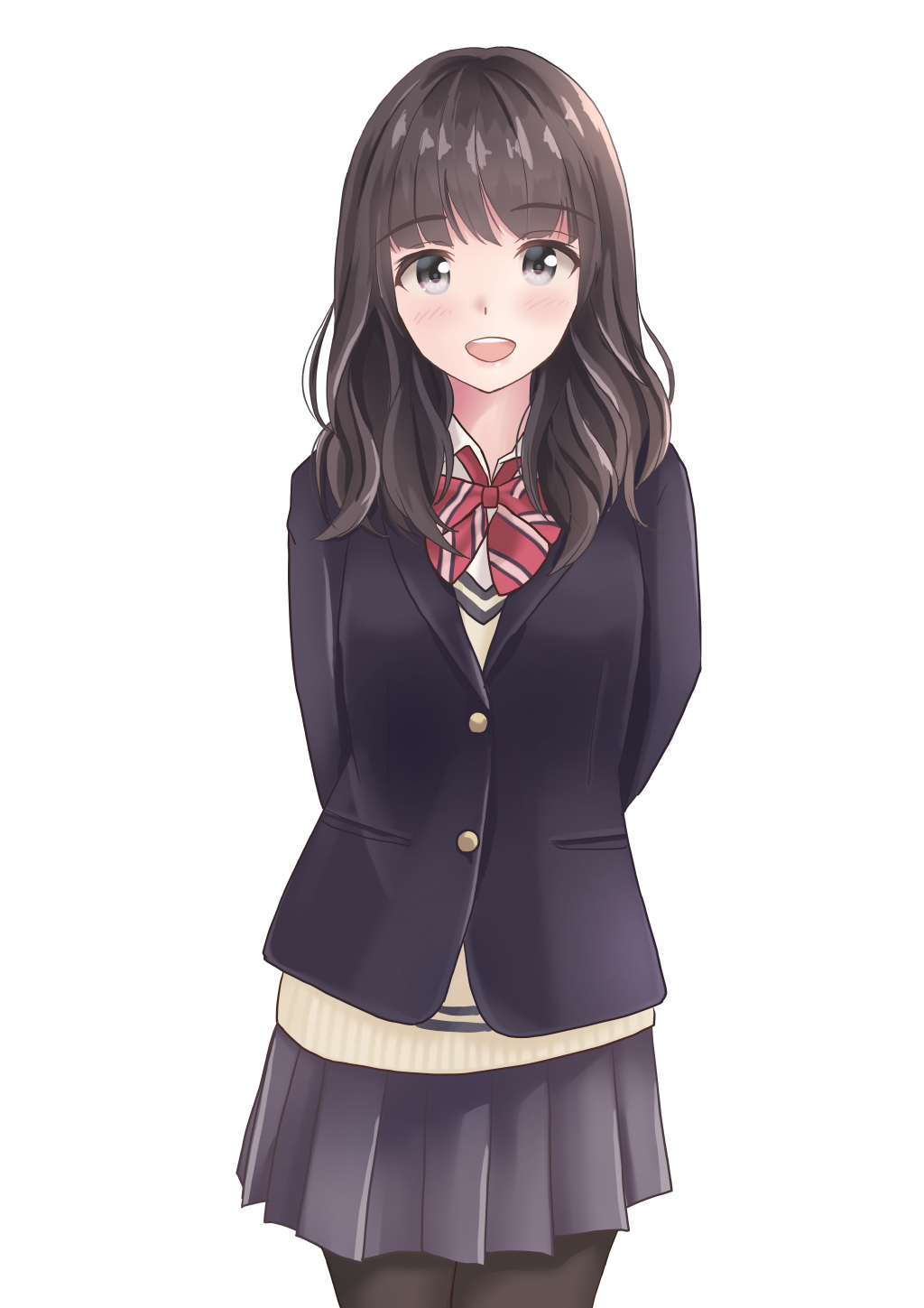 1girl :d bangs black_blazer black_legwear black_skirt blazer blush bow bowtie brown_hair collared_shirt cowboy_shot diagonal_stripes eyebrows_visible_through_hair grey_eyes highres jacket long_hair looking_at_viewer open_mouth original pantyhose pleated_skirt red_neckwear school_uniform shirt skirt smile solo striped striped_neckwear sweater upper_teeth white_shirt yukimaru217