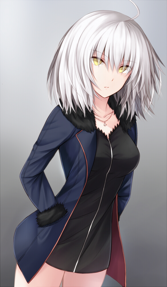 1girl ahoge black_dress black_footwear black_jacket breasts coat cowboy_shot dress eyebrows_visible_through_hair fate/grand_order fate_(series) full-length_zipper fur-trimmed_coat fur-trimmed_sleeves fur_trim gradient gradient_background hands_in_pockets jacket jeanne_d'arc_(alter)_(fate) jeanne_d'arc_(fate)_(all) jewelry kanpyou_(hghgkenfany) large_breasts necklace open_clothes open_coat open_jacket short_dress short_hair silver_hair solo wicked_dragon_witch_ver._shinjuku_1999 yellow_eyes zipper