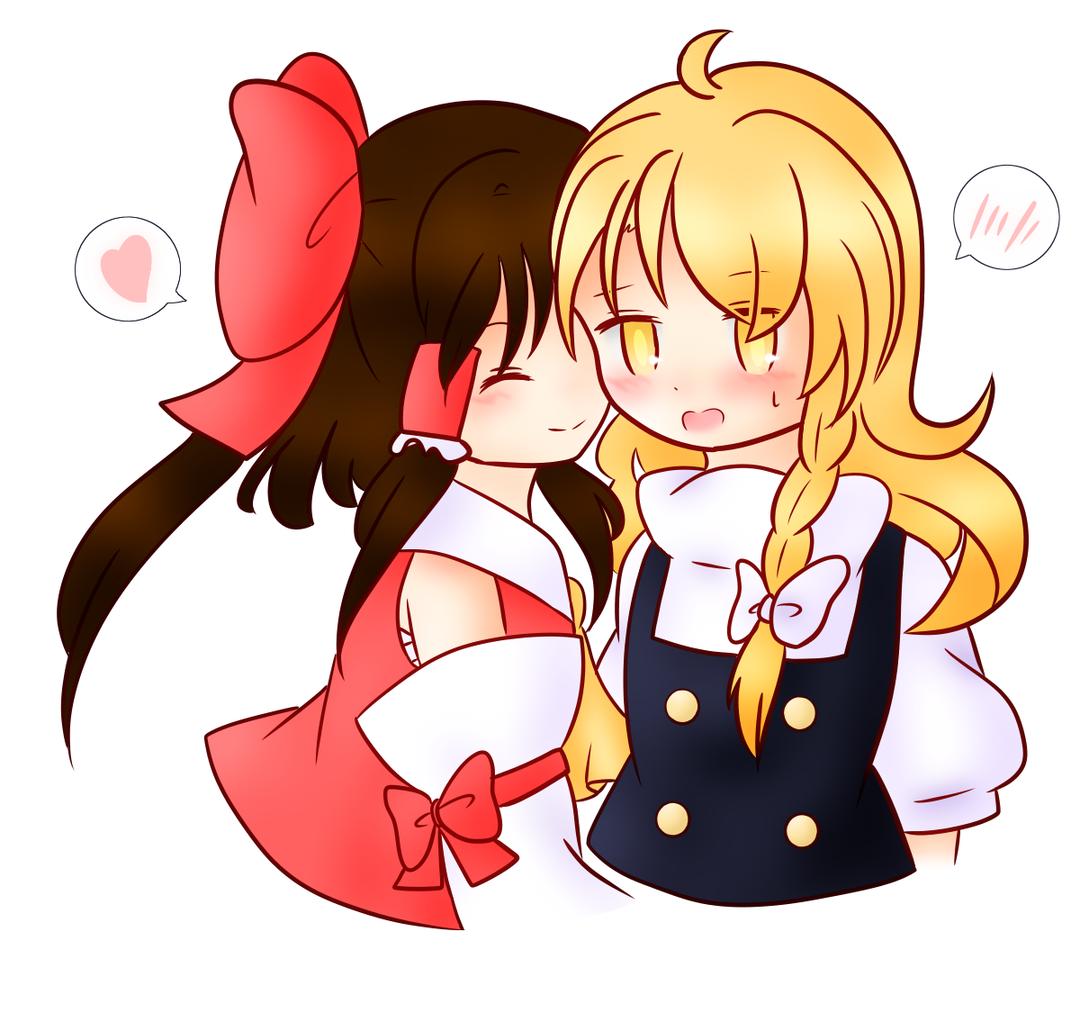 2girls ^_^ ahoge blonde_hair blouse bow braid brown_hair closed_eyes d: detached_sleeves embarrassed hair_bow hair_tubes hakurei_reimu half_updo heart hug kirisame_marisa large_bow long_hair multiple_girls open_mouth puffy_short_sleeves puffy_sleeves sarashi short_sleeves side_braid sidelocks single_braid smile solo_focus spoken_blush spoken_heart sweat touhou turtleneck user_kojitan vest yellow_eyes yuri