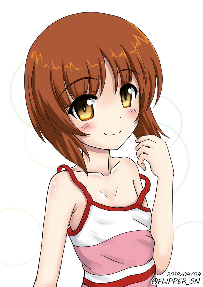 1girl bangs brown_eyes brown_hair camisole child circle closed_mouth collarbone commentary dated eyebrows_visible_through_hair flipper girls_und_panzer looking_at_viewer nishizumi_miho off_shoulder pink_shirt shirt short_hair simple_background smile solo standing strap_slip twitter_username upper_body white_background younger