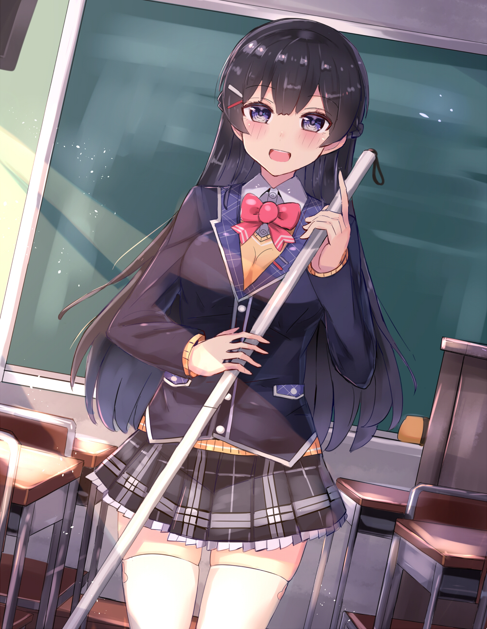 1girl :d bangs black_blazer black_hair black_skirt blazer blush bow bowtie breasts chair chalkboard classroom collared_shirt commentary_request desk dress_shirt eyebrows_visible_through_hair hair_between_eyes hair_ornament hairclip highres holding indoors jacket long_hair looking_at_viewer medium_breasts nijisanji open_mouth pink_neckwear plaid pleated_skirt school_chair school_desk shirt skirt smile solo sweater thigh-highs tsukino_mito upper_teeth very_long_hair violet_eyes virtual_youtuber white_legwear white_shirt xenonstriker zettai_ryouiki