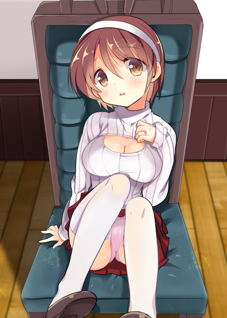 1girl blush breasts brown_eyes brown_hair chair fujii_rino hairband headband jewelry kantai_collection large_breasts long_sleeves meme_attire natori_(kantai_collection) open-chest_sweater open_mouth panties pantyshot pantyshot_(sitting) pink_panties pleated_skirt red_skirt ribbed_sweater ring school_uniform serafuku shoes short_hair sitting skirt solo sweater tears thigh-highs underwear wedding_ring white_legwear