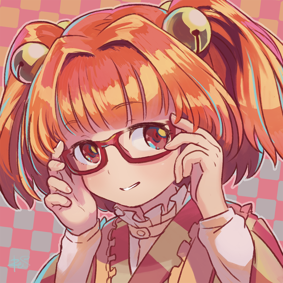 1girl adjusting_eyewear bangs bell bespectacled checkered checkered_background eyebrows eyebrows_visible_through_hair fingernails glasses hair_bell hair_intakes hair_ornament hands_up jingle_bell long_sleeves motoori_kosuzu orange_hair outline pink_eyes portrait red-framed_eyewear reiesu_(reis) short_hair short_twintails smile solo touhou twintails upper_body