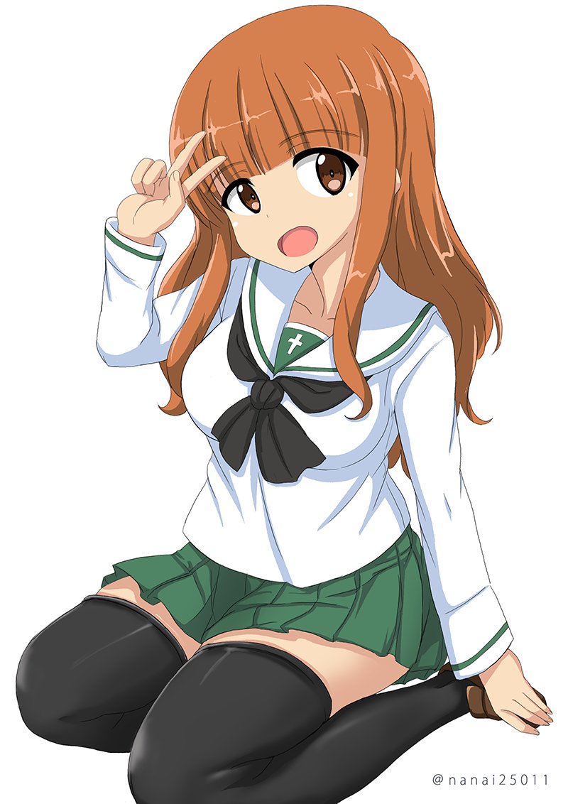 1girl arm_support bangs black_legwear black_neckwear blouse blunt_bangs brown_footwear commentary_request eyebrows_visible_through_hair full_body girls_und_panzer green_skirt loafers long_hair long_sleeves looking_at_viewer miniskirt neckerchief ooarai_school_uniform open_mouth orange_eyes orange_hair pleated_skirt school_uniform serafuku shibagami shoes simple_background sitting skirt smile solo takebe_saori thigh-highs twitter_username v white_background white_blouse yokozuwari
