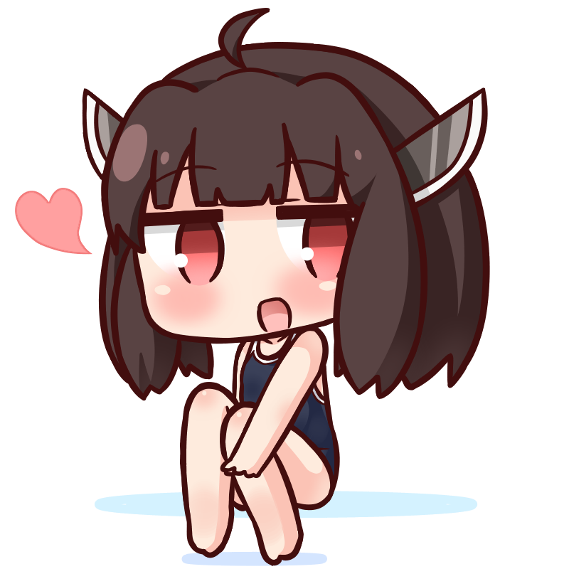 1girl :d ahoge bangs bare_arms bare_legs bare_shoulders barefoot black_swimsuit blunt_bangs blush brown_hair chibi commentary_request competition_school_swimsuit eyebrows_visible_through_hair full_body hana_kazari headgear heart long_hair looking_at_viewer one-piece_swimsuit open_mouth red_eyes sitting smile solo swimsuit touhoku_kiritan voiceroid white_background