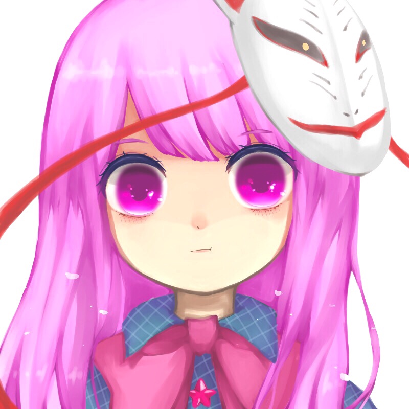1girl :t asymmetrical_bangs bangs bow bowtie buttons closed_mouth collared_shirt commentary expressionless eyebrows_visible_through_hair eyelashes fox_mask hata_no_kokoro kani_(cpj2) long_hair looking_at_viewer mask mask_on_head parted_bangs pink_neckwear plaid plaid_shirt portrait purple_hair shirt short_eyebrows simple_background solo star strap swept_bangs touhou violet_eyes white_background
