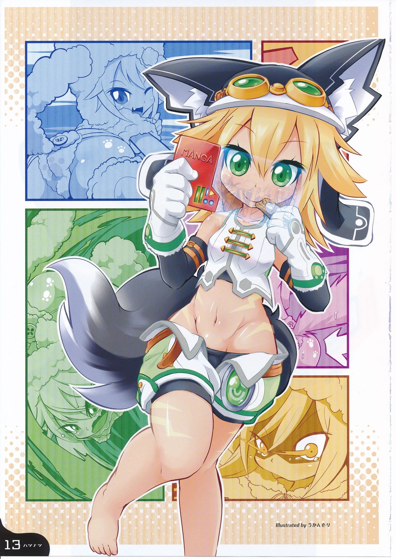 1girl animal_ears blonde_hair crop_top cyberconnect2_(choujigen_game_neptune) eating fang goggles green_eyes hat highres midriff navel neptune_(series) one_eye_closed open_mouth short_hair smile solo tail tears