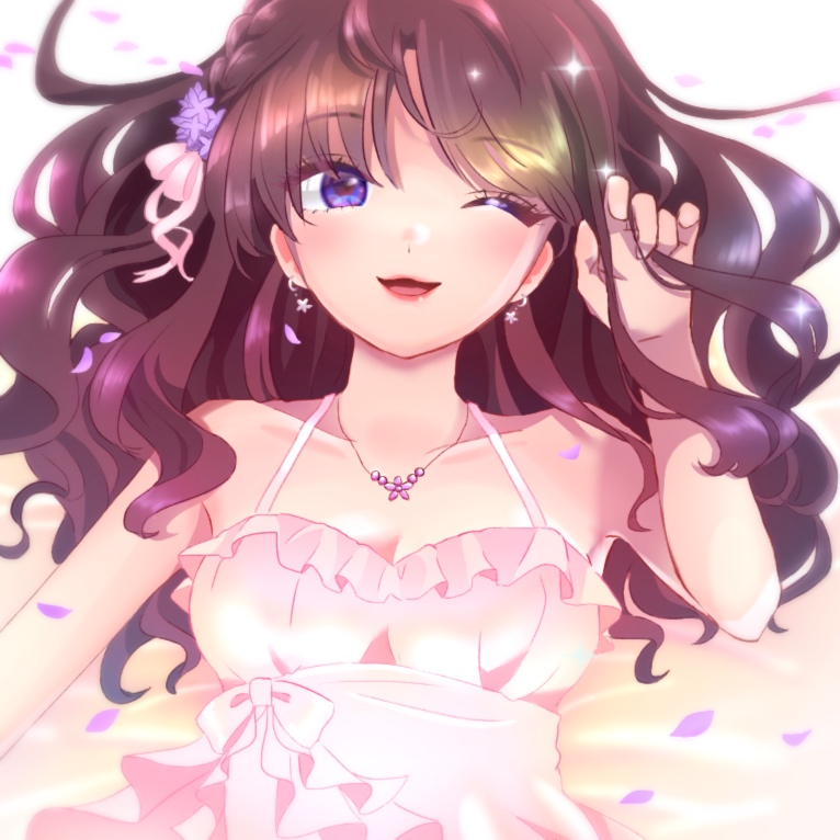 1girl blue_eyes breasts brown_hair cleavage collarbone commentary_request dress earrings eyelashes flower gankake_(misary) hair_flower hair_ornament hair_ribbon ichinose_shiki idolmaster idolmaster_cinderella_girls jewelry lipstick long_hair makeup one_eye_closed petals pink_dress ribbon solo spaghetti_strap wavy_hair