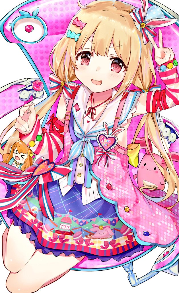 1girl animal_ears blonde_hair blush bow bracelet brown_eyes candy candy_hair_ornament chair character_doll character_name commentary_request detached_sleeves dress eyebrows_visible_through_hair food food_themed_hair_ornament futaba_anzu hair_bow hair_ornament hat heart holding_lollipop idolmaster idolmaster_cinderella_girls idolmaster_cinderella_girls_starlight_stage jewelry lollipop looking_at_viewer low_twintails mini_hat moroboshi_kirari nanakagura neckerchief open_mouth rabbit_ears red_ribbon ribbon simple_background smile solo striped striped_bow striped_sleeves stuffed_animal stuffed_bunny stuffed_toy twintails v