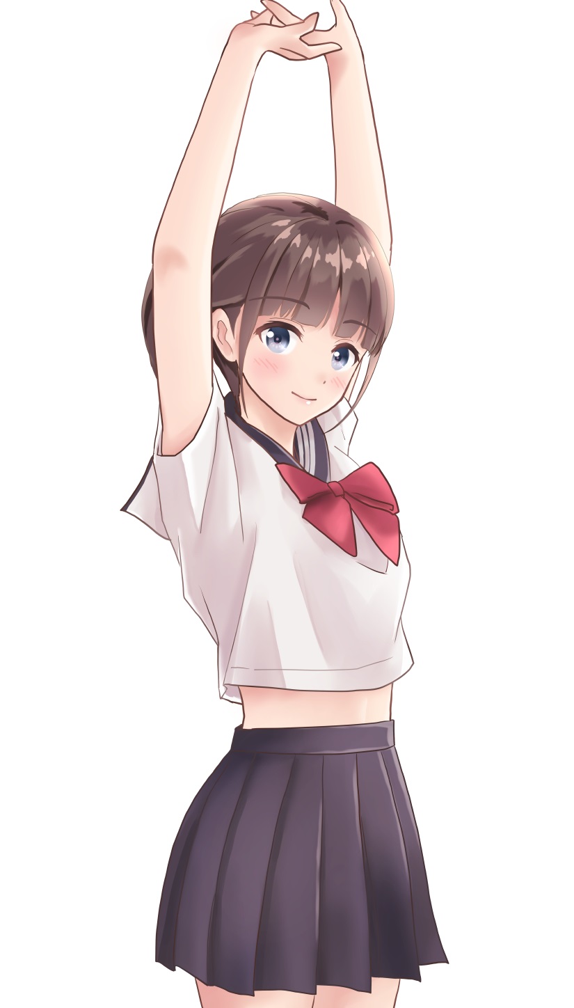 1girl arms_up bangs black_skirt blue_eyes blush bow bowtie brown_hair closed_mouth eyebrows_visible_through_hair highres long_hair looking_at_viewer original pleated_skirt ponytail red_neckwear school_uniform serafuku shirt short_sleeves sidelocks simple_background skirt smile solo white_background white_shirt yukimaru217