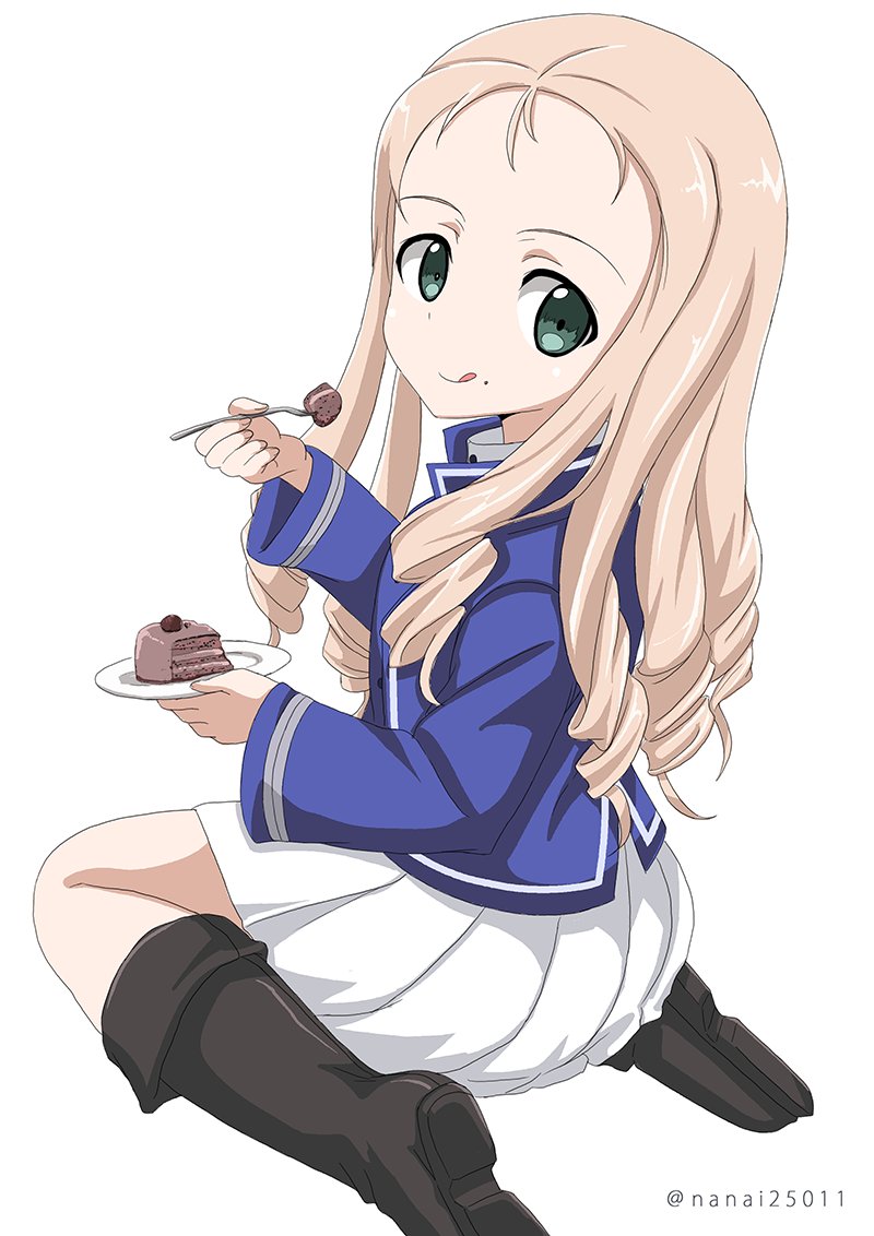 1girl :q bc_freedom_military_uniform black_footwear blonde_hair blue_hat blue_jacket boots cake closed_mouth commentary dress_shirt drill_hair eating food food_on_face forehead fork from_behind full_body girls_und_panzer green_eyes hat high_collar holding holding_fork jacket knee_boots long_hair long_sleeves looking_at_viewer looking_back marie_(girls_und_panzer) military military_hat military_uniform miniskirt plate pleated_skirt shako_cap shibagami shirt simple_background sitting skirt smile solo tongue tongue_out twitter_username uniform wariza white_background white_shirt white_skirt