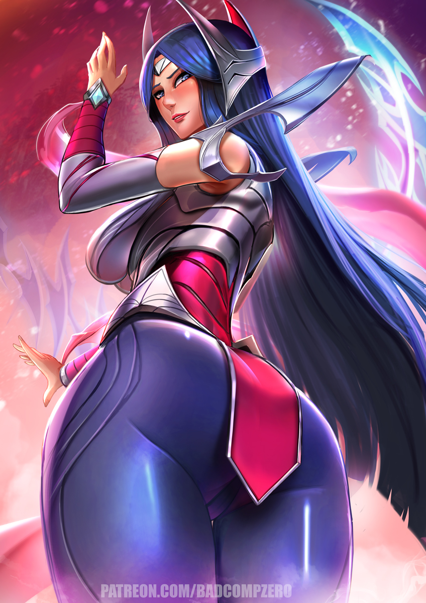 1girl ass badcompzero blue_eyes blue_hair bodysuit breasts circlet highres irelia league_of_legends looking_at_viewer looking_back looking_down parted_lips skin_tight smile solo thighs tight