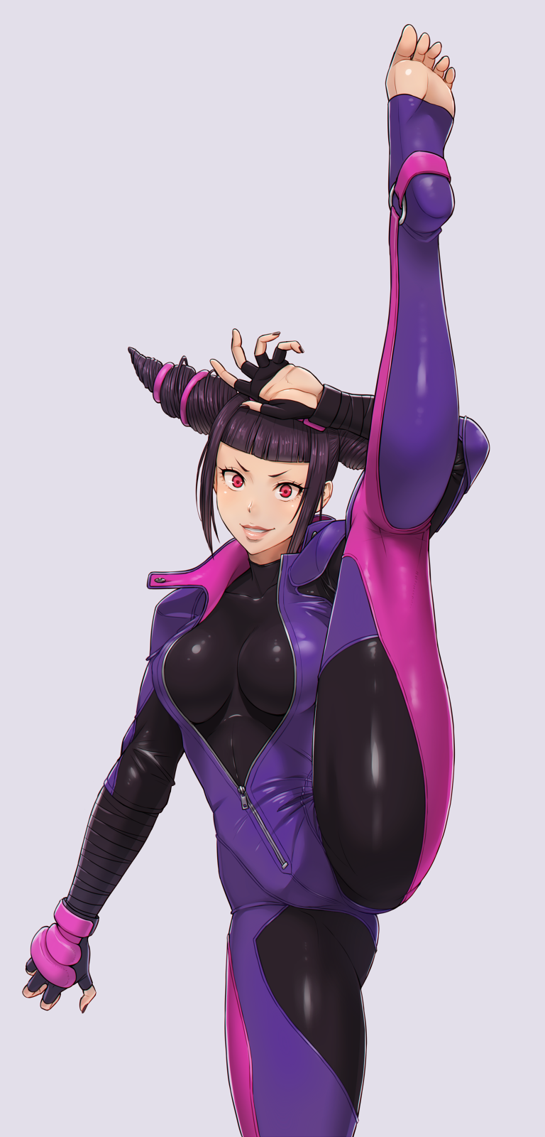 1girl arm_up bangs barefoot black_gloves black_hair black_nails blunt_bangs bodysuit capcom drill_hair fingerless_gloves gloves grey_background han_juri highres latex leg_up long_hair looking_at_viewer nail_polish nigou partially_unzipped sanpaku shiny shiny_clothes short_hair sidelocks simple_background skin_tight solo split standing standing_on_one_leg standing_split street_fighter street_fighter_v toes twin_drills v-shaped_eyebrows violet_eyes zipper