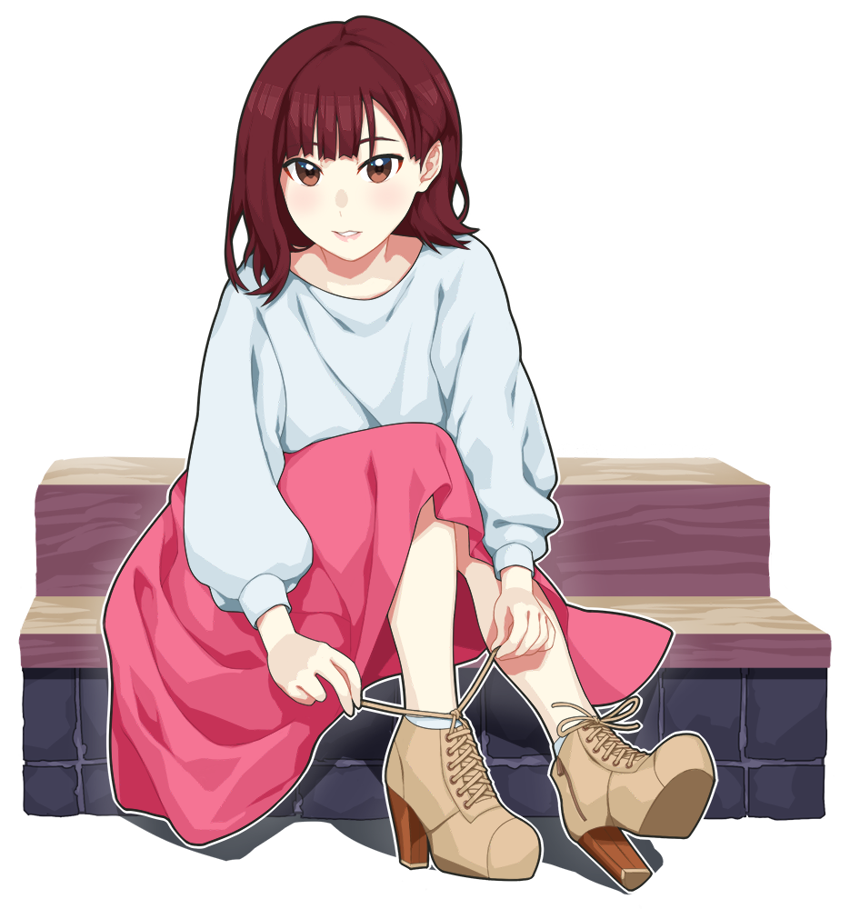 1girl bangs boots brown_eyes brown_footwear brown_hair chu_kai_man cross-laced_footwear furihata_ai high_heel_boots high_heels long_skirt long_sleeves looking_at_viewer outline parted_lips pink_skirt real_life redhead seiyuu shirt shoes sitting sitting_on_stairs skirt solo stairs transparent_background tying_shoes white_outline white_shirt