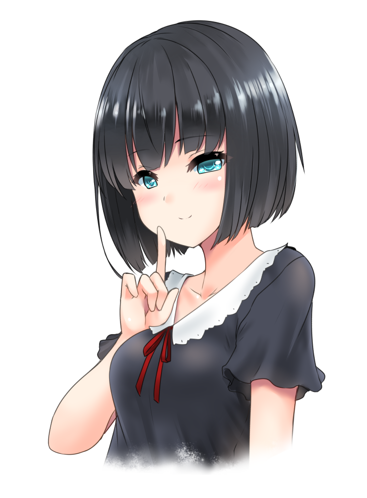 1girl bangs black_dress black_hair blue_eyes blush breasts closed_mouth collarbone dress eyebrows_visible_through_hair finger_to_mouth medium_breasts miyuki_rei original red_ribbon ribbon short_sleeves shushing simple_background smile solo white_background