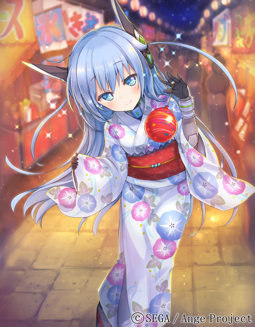 1girl ange_vierge animal_ears black_gloves blue_eyes blue_hair blurry blurry_background character_request festival floral_print gloves japanese_clothes kimono lantern night night_sky official_art omega_47_toto outdoors paper_lantern path road shamonor sky smile stall standing wide_sleeves