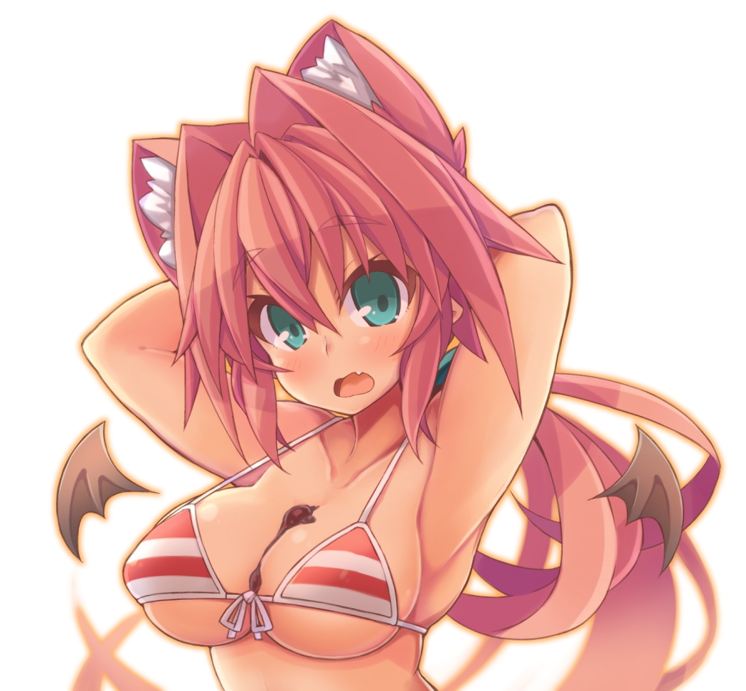 1girl animal_ears armpits blush breasts cleavage green_eyes hair_intakes large_breasts long_hair original pink_hair ponytail rikumaru solo souffle_gamberetto striped swimsuit very_long_hair