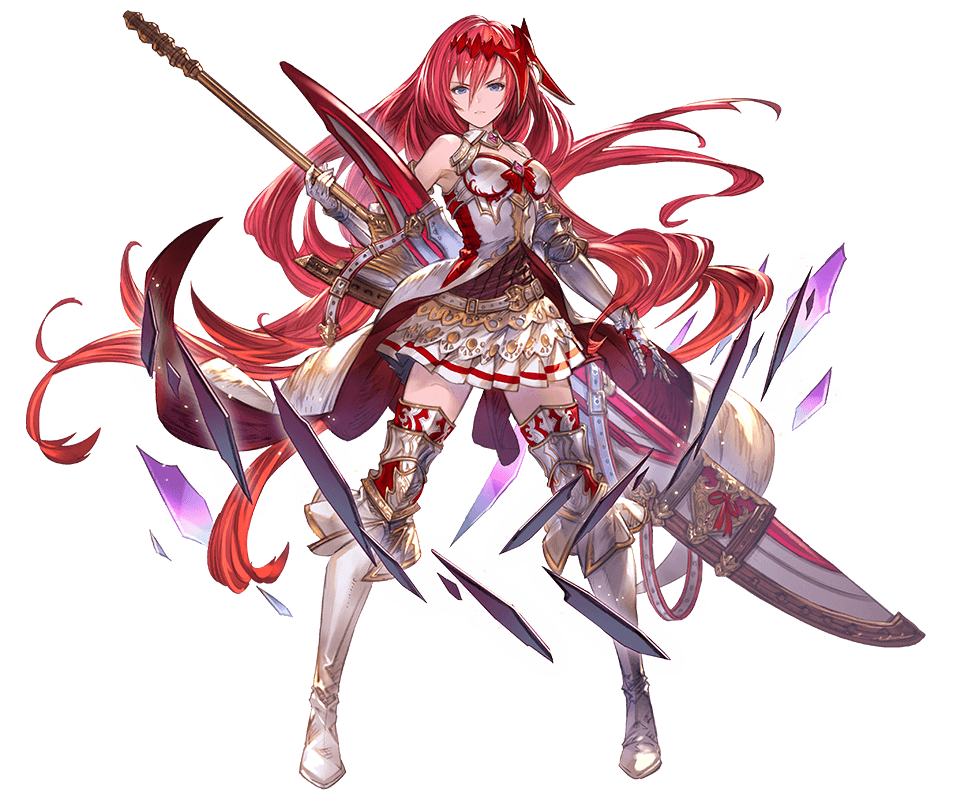 1girl armor armored_boots bangs bare_shoulders belt blue_eyes boots breastplate breasts full_body gauntlets godguard_brodia granblue_fantasy hair_ornament huge_weapon long_hair looking_at_viewer medium_breasts minaba_hideo official_art pleated_skirt red_eyes serious skirt sleeveless solo standing sword thigh-highs transparent_background very_long_hair weapon white_footwear zettai_ryouiki