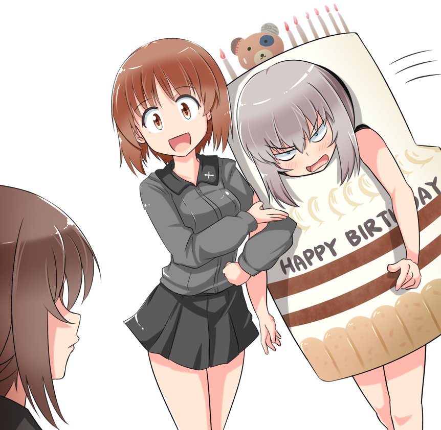 3girls :d alternate_costume bangs black_skirt blue_eyes blush boko_(girls_und_panzer) brown_eyes brown_hair cake cake_costume candle commentary_request constricted_pupils costume dress_shirt english eyebrows_visible_through_hair food frown girls_und_panzer grey_shirt happy_birthday itsumi_erika kitayama_miuki kuromorimine_school_uniform locked_arms long_hair long_sleeves looking_at_another looking_at_viewer miniskirt motion_lines multiple_girls nishizumi_maho nishizumi_miho open_mouth pleated_skirt restrained school_uniform shirt short_hair siblings silver_hair simple_background sisters skirt smile standing v-shaped_eyebrows white_background