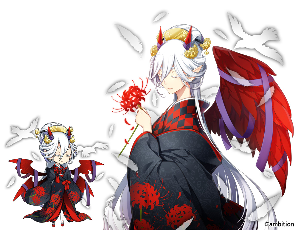 aki_no_jikan androgynous bird checkered closed_eyes covered_mouth eyebrows eyelashes feathers floral_print flower hair_ornament holding holding_flower hood horn long_hair maru-kichi multiple_views official_art pointy_ears purple_ribbon red_wings ribbon standing very_long_hair watermark white_hair white_legwear wide_sleeves wings