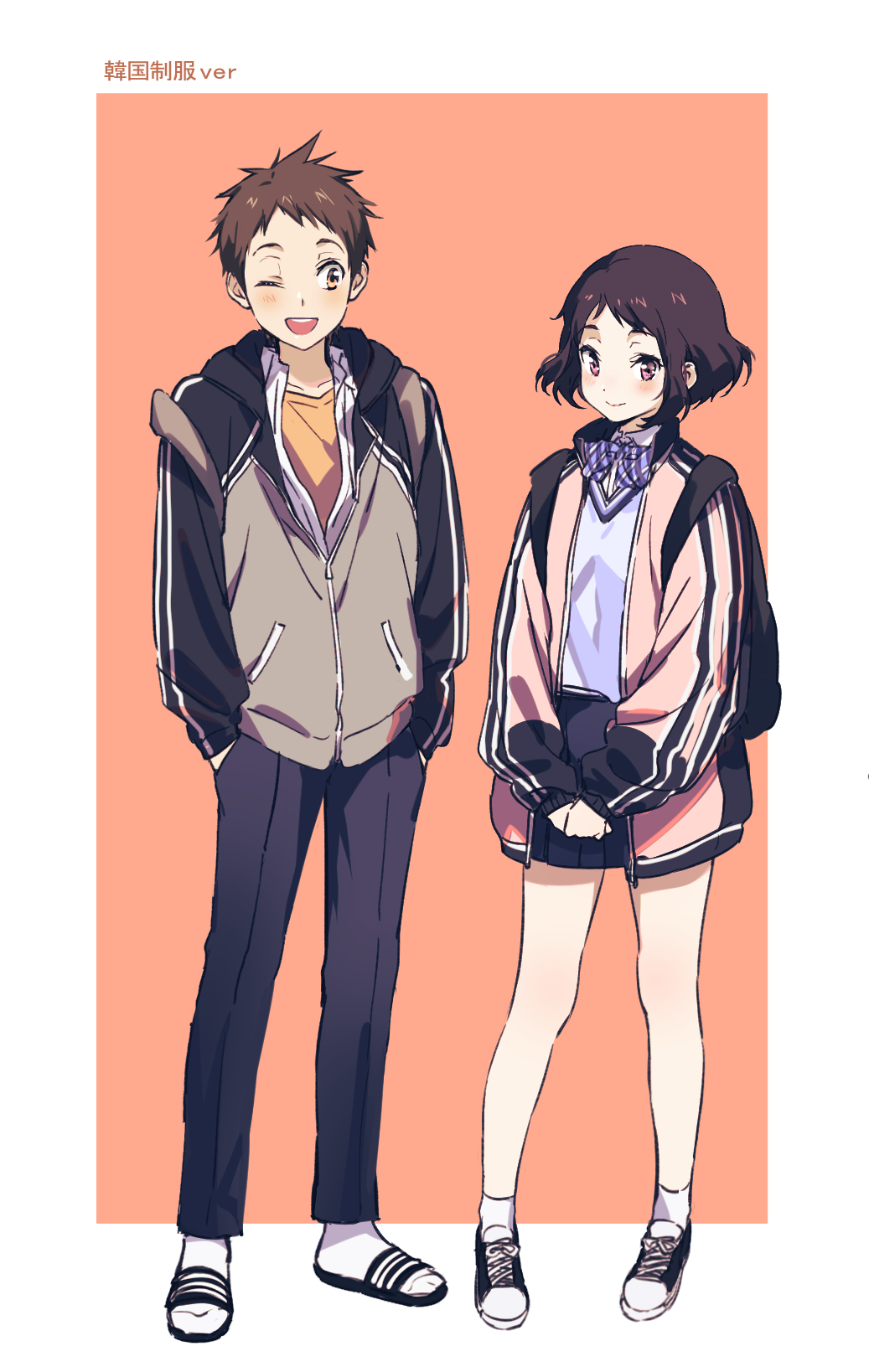 1boy 1girl ;d casual commentary_request fukube_satoshi highres hood hooded_track_jacket hyouka ibara_mayaka jacket korean_commentary mery_(apfl0515) one_eye_closed open_mouth shoes short_hair slippers smile sneakers track_jacket